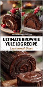 Rich Chocolate Brownie Yule Log covered in glossy ganache on a festive Christmas table.